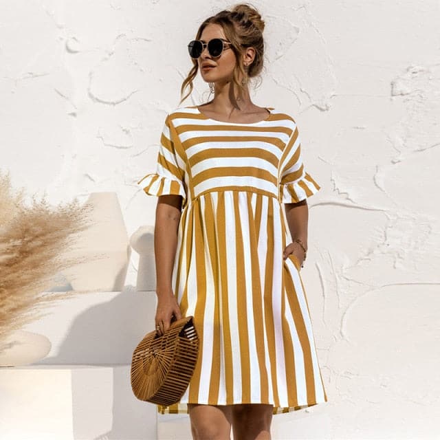 Cute Loose Striped Print Ruffles Sleeves Dresses