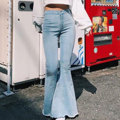 Casual Fashion High Waist Slim And Skinny Big Flare Denim Pants Fashion Street Solid Color Denim Trousers