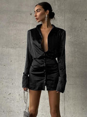 Silk Shirt V-Neck Elegant Mini Dress