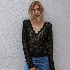 Deep V-neck Lace T-shirt