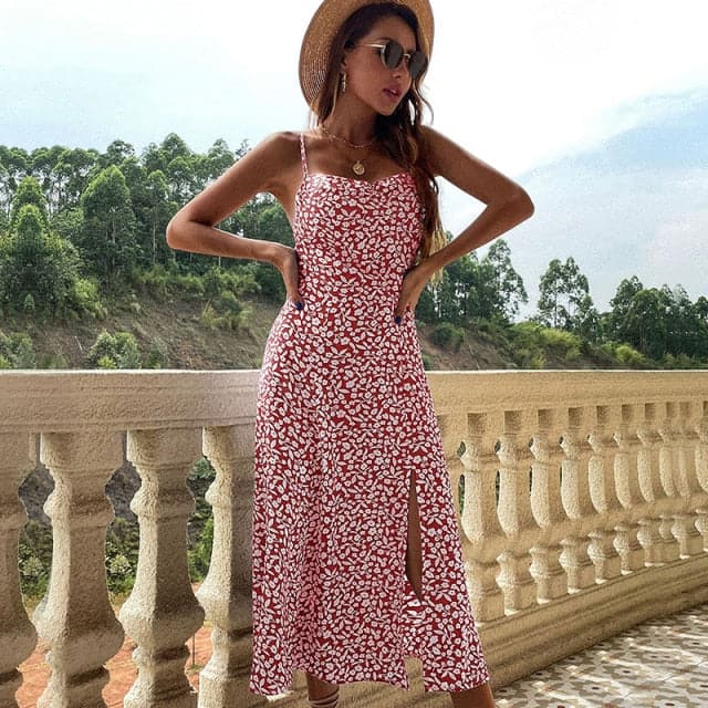 Summer Fashion Bohemian Sleeveless Dress for Vintage Floral Silk Maxi Robe Casual Wedding Guest Long Dresses