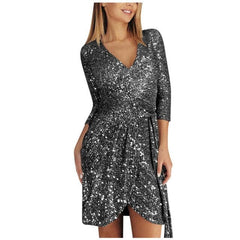 New Year Black Sequined Dresses Bling Party Evening Dress With Sleeves V Neck Elegant