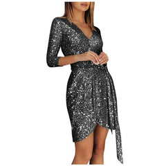 Ladies Elegant Party Dress Fashion  Long-sleeved Sequined V-neck 34 Sleeve Lace-up Mini Dress Dress