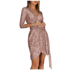 Ladies Elegant Party Dress Fashion  Long-sleeved Sequined V-neck 34 Sleeve Lace-up Mini Dress Dress