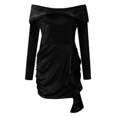 Velvet New Year Party Dress High Waist Draped  Bodycon Dress Pure Color Off Shoulder Mini Dress
