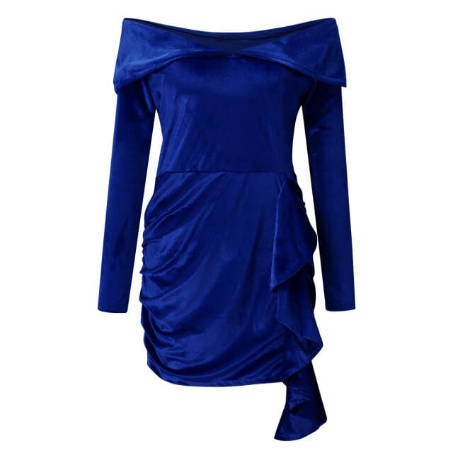 Velvet New Year Party Dress High Waist Draped  Bodycon Dress Pure Color Off Shoulder Mini Dress
