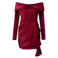 Velvet New Year Party Dress High Waist Draped  Bodycon Dress Pure Color Off Shoulder Mini Dress
