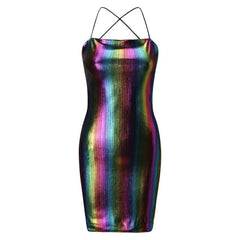Reflective Holographic Dress Summer Spaghetti Strap Halter Neck Mini Bodycon Dress Metallic Club Dress  Outfits