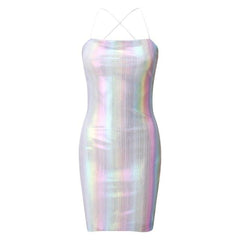 Reflective Holographic Dress Summer Spaghetti Strap Halter Neck Mini Bodycon Dress Metallic Club Dress  Outfits