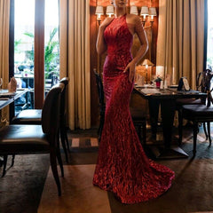 Long Train Mermaid Sleeveless Evening Party Sling Dress