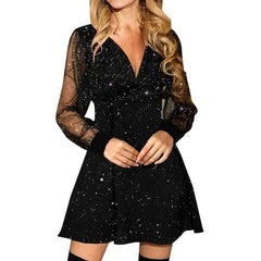 Fashion Long Sleeve Mesh V-neck Dresses