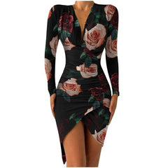 Flower Print Bodycon Dress  Deep V-neck Sheath Long Sleeve Irregular Hem Party Banquet Dress Slim Bag Hip Dresses