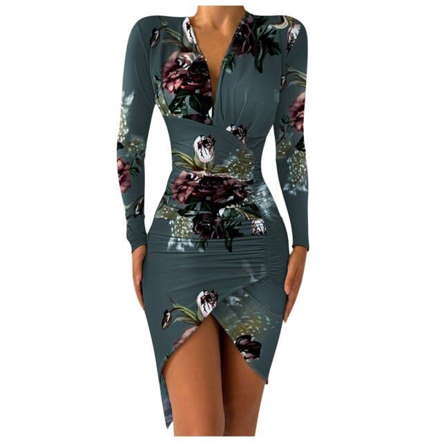 Flower Print Bodycon Dress  Deep V-neck Sheath Long Sleeve Irregular Hem Party Banquet Dress Slim Bag Hip Dresses