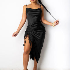 Ruched Satin Summer Dress Drawstring Spaghetti Straps Cowl Neck Backless Long Dresses for Party Sexy