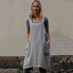 Female Square Cross Apron Dresses Cotton Linen Pinafore Dresses