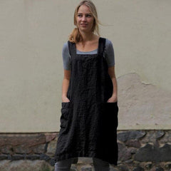 Female Square Cross Apron Dresses Cotton Linen Pinafore Dresses