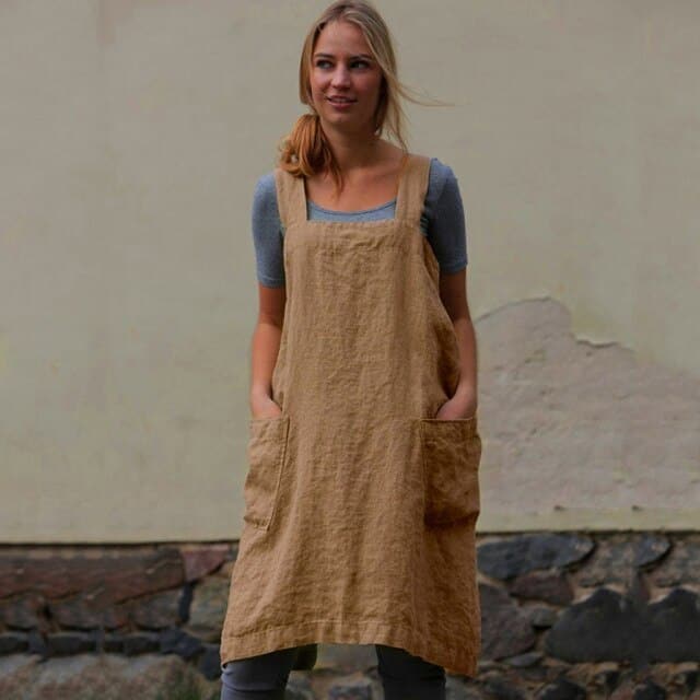 Female Square Cross Apron Dresses Cotton Linen Pinafore Dresses