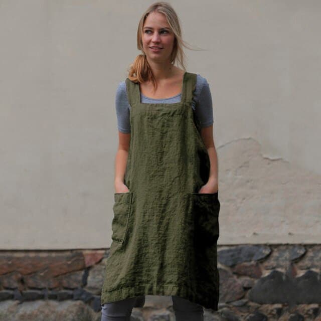 Female Square Cross Apron Dresses Cotton Linen Pinafore Dresses