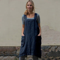 Female Square Cross Apron Dresses Cotton Linen Pinafore Dresses