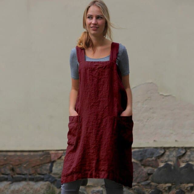 Female Square Cross Apron Dresses Cotton Linen Pinafore Dresses