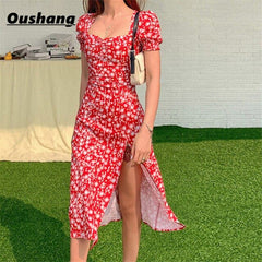 Vintage Party Dress Summer Floral Print Square Collar Split Midi Dresses Ladies Fashion Streetwear Casual