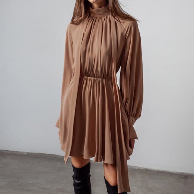 Classic Half High Collar Solid Long-sleeve Chiffon Dresses