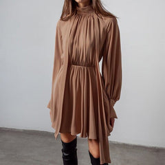 Classic Half High Collar Solid Long-sleeve Chiffon Dresses