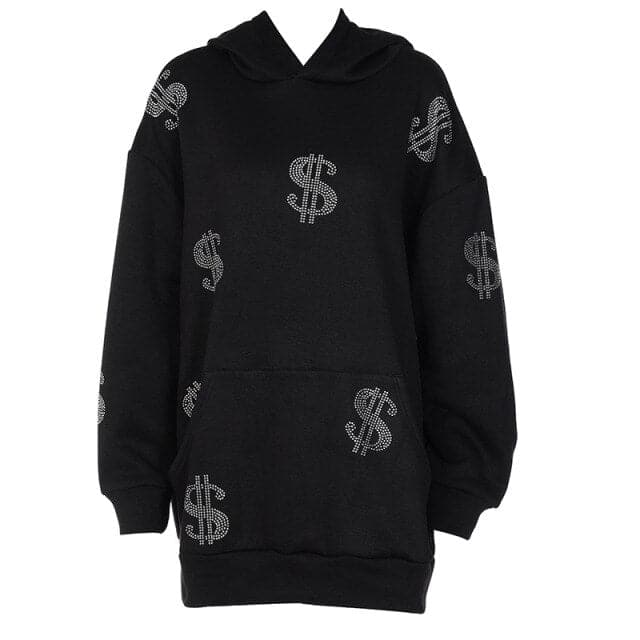 Money Print Baclk Hoodies Loose Long Sweatshirts Autumn Winter Oversized Pullover Hot Female Clothing Casual Fashion Streetwear