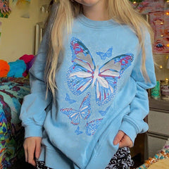 Y2K Butterfly Print Blue Hoodies Autumn Winter Cute Sweatshirt Fashion Casual Pullover Loose Oversized Streetwear Clothes