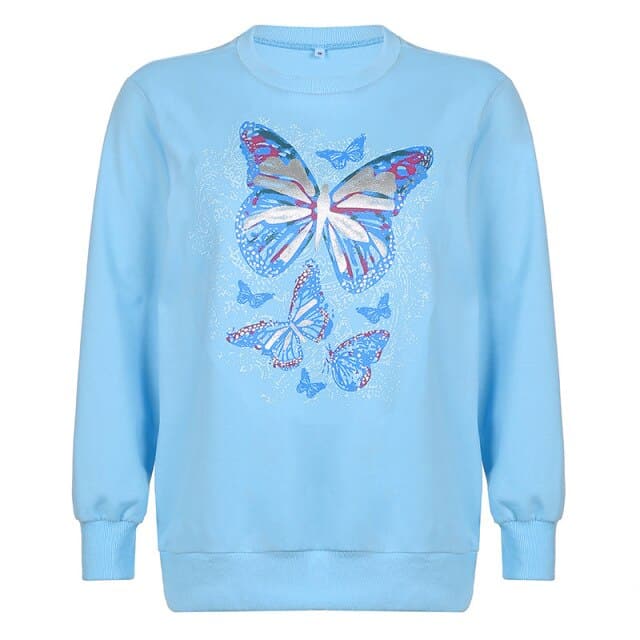 Y2K Butterfly Print Blue Hoodies Autumn Winter Cute Sweatshirt Fashion Casual Pullover Loose Oversized Streetwear Clothes