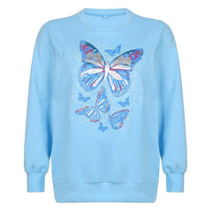 Y2K Butterfly Print Blue Hoodies Autumn Winter Cute Sweatshirt Fashion Casual Pullover Loose Oversized Streetwear Clothes