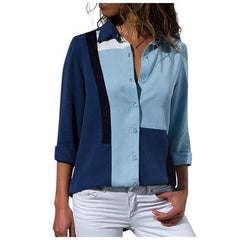 Fashion Long Sleeve Patchwork Turn Down Collar Office Lady Shirt Blouse Shirt Casual Tops Plus Size