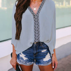 Solid Color Striped V-neck Bat Sleeve Shirt Chiffon Plus Size Long Sleeve Blouses Loose Patchwork Summer Beach Tops