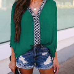 Solid Color Striped V-neck Bat Sleeve Shirt Chiffon Plus Size Long Sleeve Blouses Loose Patchwork Summer Beach Tops