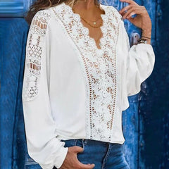 Fashion Spring Shirts Casual Solid Colors Lace Hollow Out V-Neck Long Sleeves Elegant Female Blouse Tops