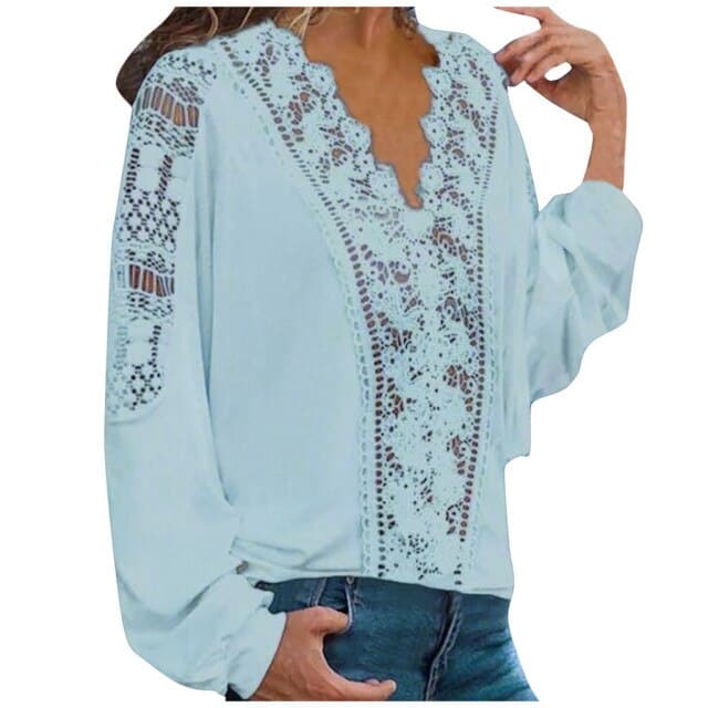 Fashion Spring Shirts Casual Solid Colors Lace Hollow Out V-Neck Long Sleeves Elegant Female Blouse Tops