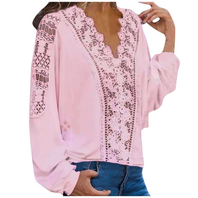 Fashion Spring Shirts Casual Solid Colors Lace Hollow Out V-Neck Long Sleeves Elegant Female Blouse Tops