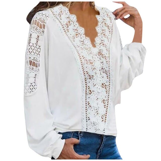 Fashion Spring Shirts Casual Solid Colors Lace Hollow Out V-Neck Long Sleeves Elegant Female Blouse Tops