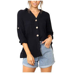 Fashion Loose Solid Color Turndown Collar Button Blouses Casual Autumn Cotton Linen Long-Sleeved Shirt