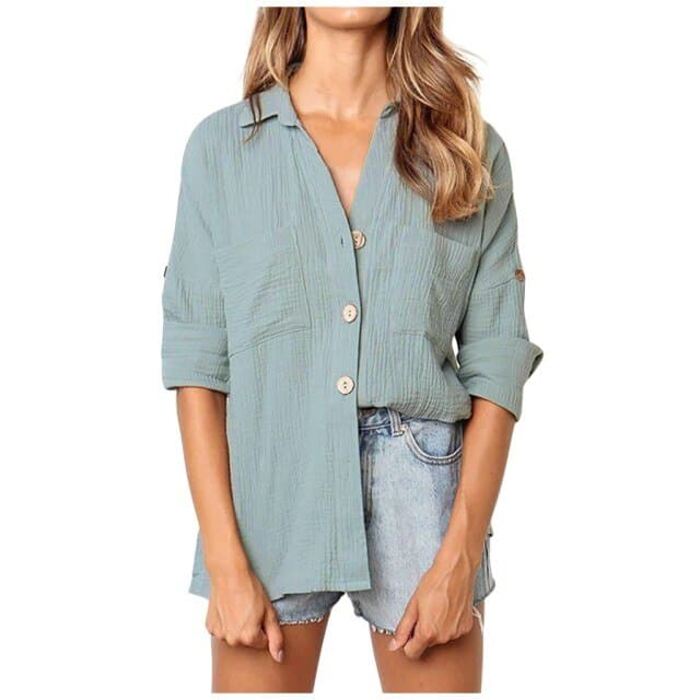 Fashion Loose Solid Color Turndown Collar Button Blouses Casual Autumn Cotton Linen Long-Sleeved Shirt