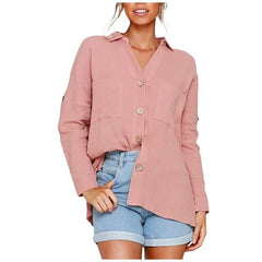 Fashion Loose Solid Color Turndown Collar Button Blouses Casual Autumn Cotton Linen Long-Sleeved Shirt