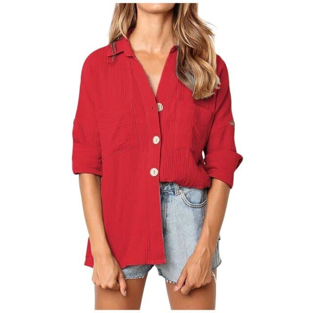 Fashion Loose Solid Color Turndown Collar Button Blouses Casual Autumn Cotton Linen Long-Sleeved Shirt