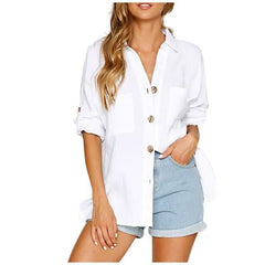 Fashion Loose Solid Color Turndown Collar Button Blouses Casual Autumn Cotton Linen Long-Sleeved Shirt