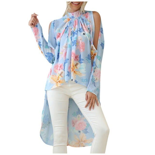 Fashion Floral Printed Turtleneck Long Sleeve Chiffon Office Shirt Blouse Loose Casual Top Plus Size