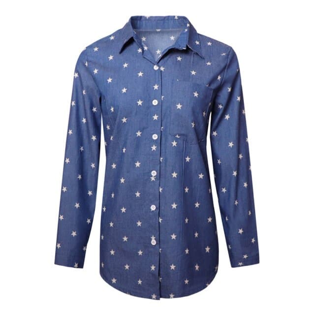 Fashion Shirts Atumn Casual Turndown Collar Long Sleeve Denim Star Printed Loose Blouse Tops Clothes