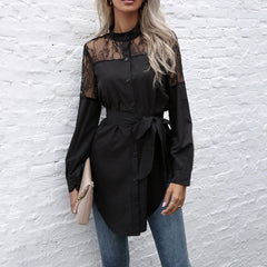 Fashion Round Neck Long Sleeve Solid Color Lace Long Sleeve Bandage Office Lady Shirt Casual Blouse