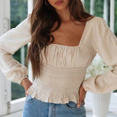 Women's Blouse Frill Long Sleeve Shirt Korean Style Solid Color Blouse Top Casual Square Collar Harajuku Tops And Blouses