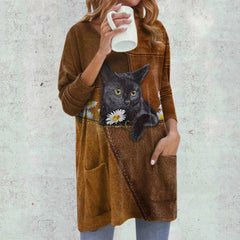 Vintage Pocket Blouses Casual Cat Print Long Sleeve Round Neck Tee Shirt Oversized Blouse Kpop Top