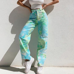 Streetwear Summer Rainbow Tie Dye Printed Jeans High Waist Straight Gradient Loose Denim Pants Y2K Wide Leg Jean Denim Trousers