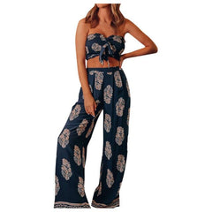 Fashion Bohemian Camis Crop Tops Long Pants 2 Piece Set